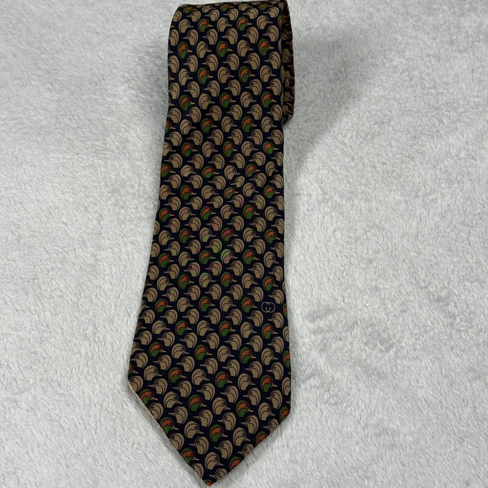 Vintage Gucci Silk Tie Mens Navy Blue Mallard Duck Head Interlocking G Italy - Picture 3 of 6